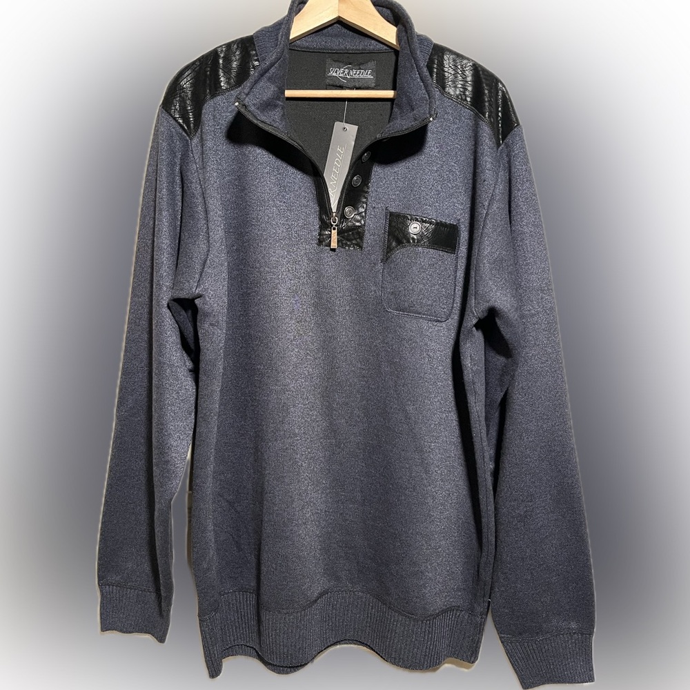 Silver Needle Men’s pullover Gray/Blue with Leather Trim XL